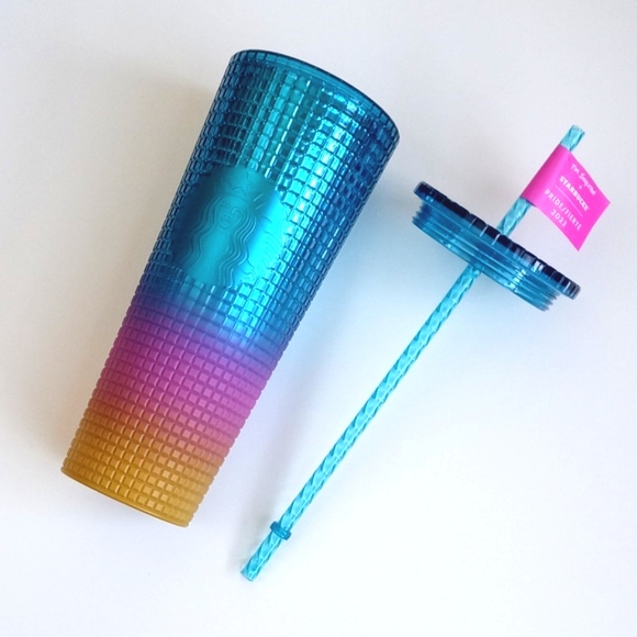 Starbucks Ombre Blue Mustard Pink Grid 24 oz Cold Cup Tumbler w Lid & Straw NWT - Picture 3 of 14